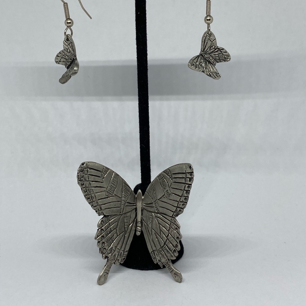 PEWTER butterfly earrings and brooch set dangle butterflies - Picture 3 of 11